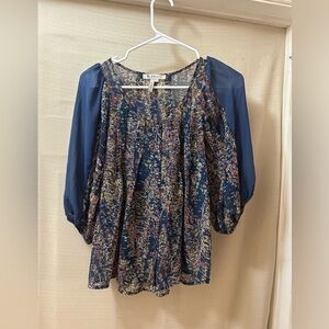 BCBGeneration Abstract Print Blouse XS | Sheer Puff Sleeves